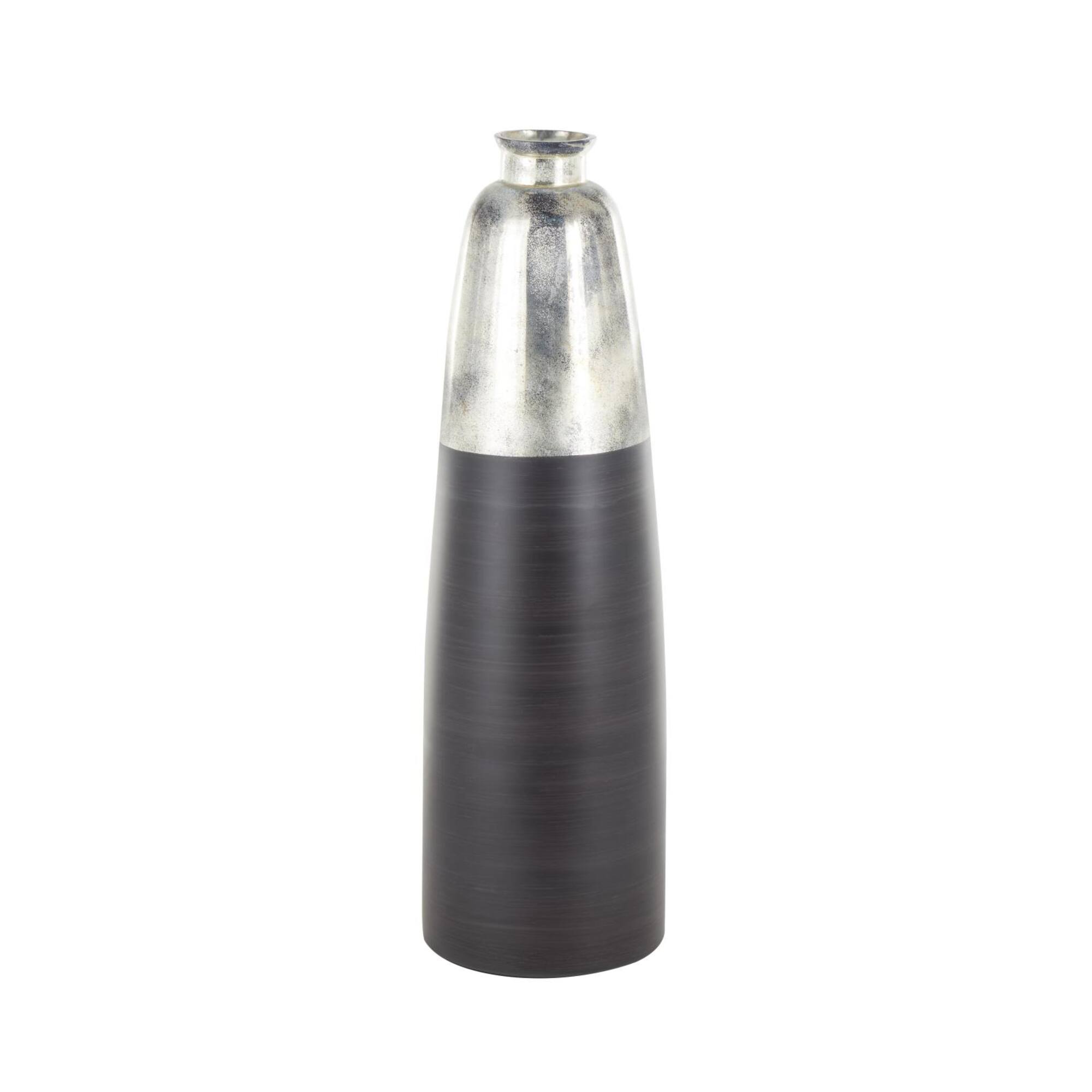 34" Black Glass Brushed Two-Toned Floor Vase with Textured Silver Top